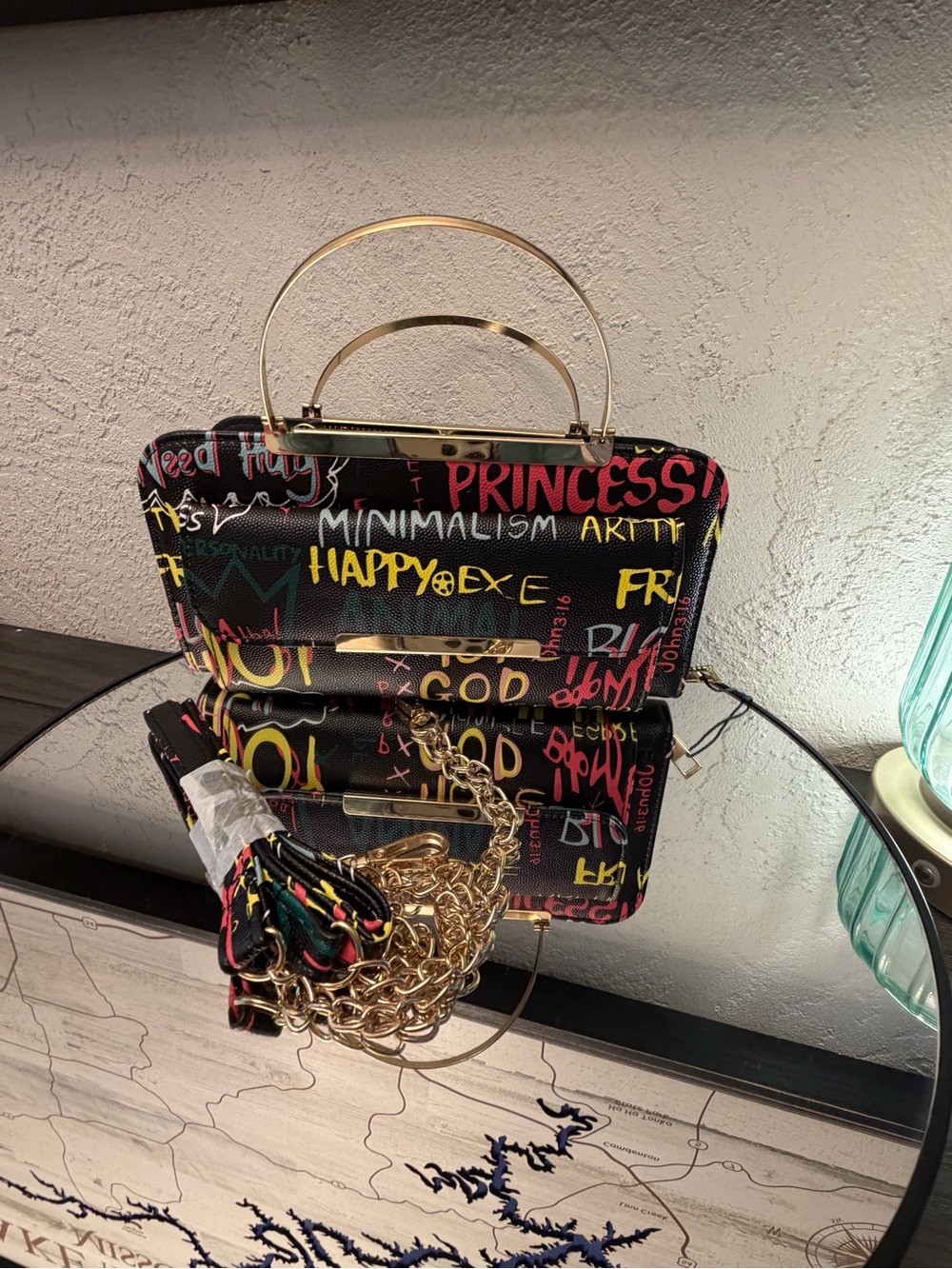New Black Graffiti Print Top-Handle Crossbody Bag